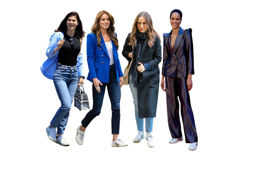 Photo compilation of celebrities wearing VEJA styled with different day to night outfits. From left to right Alexandra Daddario, Catherine, Princess of Wales, Natalie Portman, Godeliv Van den Brandt.