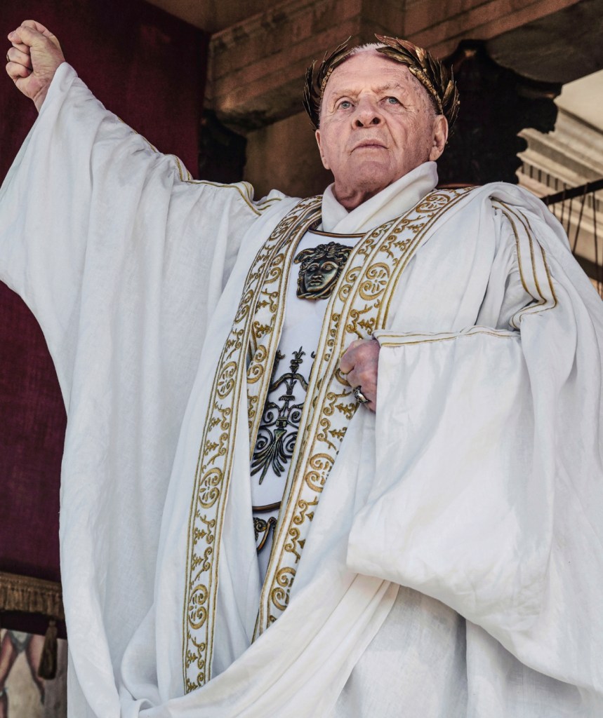 Sir Anthony Hopkins dressed in a robe for Roman Empire show.